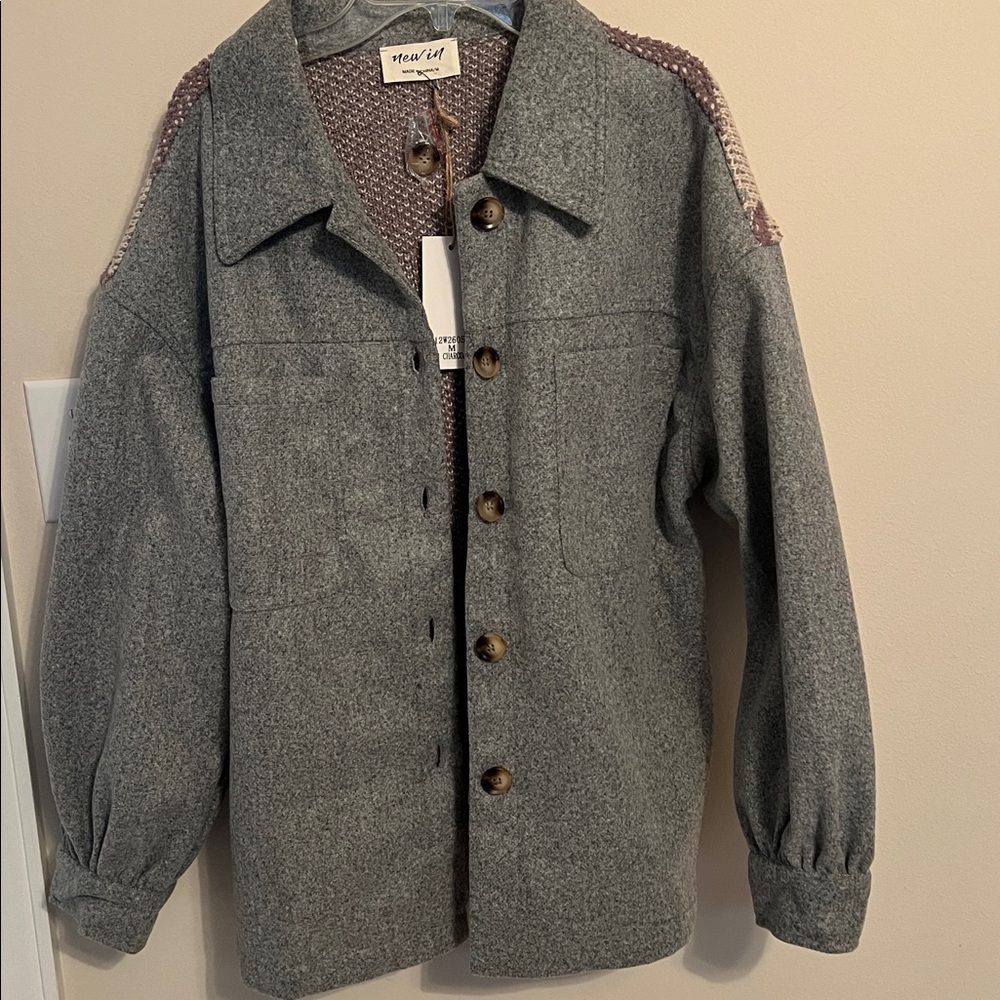 Gray Button-Up Shacket, SW print on back